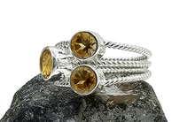 Load image into Gallery viewer, Three Stone Citrine Ring, Size P 1/2, Sterling Silver, Round Faceted, November Birthstone, Abundance Gem - GemzAustralia 