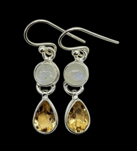 Load image into Gallery viewer, Citrine and Rainbow Moonstone Earrings, Sterling Silver, June and November Birthstones, Double Drops, Goddess Gem - GemzAustralia 