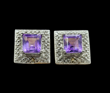 Load image into Gallery viewer, Amethyst Halo Studs, 925 Sterling Silver, Square Shaped, February Birthstone, 2.3 carats, Protection Amulet - GemzAustralia 