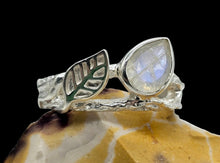 Load image into Gallery viewer, Rainbow Moonstone Leaf Ring, Size 9, Sterling Silver, Pear Shaped, Psychic Protection, Goddess Gemstone, Soul Talisman