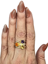 Load image into Gallery viewer, Three Stone Ring, Size 7, A Fusion of Amethyst, Citrine &amp; Carnelian, Two Tone, Gold Plated Sterling Silver - GemzAustralia 