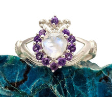 Load image into Gallery viewer, Rainbow Moonstone &amp; Amethyst Claddagh Ring, Size 9, Sterling Silver, Natural Gemstones, Symbol of Love, Friendship and Loyalty