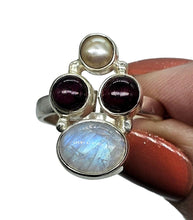 Load image into Gallery viewer, Rainbow Moonstone, Garnet &amp; Pearl Ring, Size 7.5, Sterling Silver, Natural Gemstones, Four Stone Ring