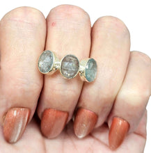 Load image into Gallery viewer, Three Stone Aquamarine Ring, Size 7, Sterling Silver, March Birthstone, Pale Blue Crystal, 6 Carats