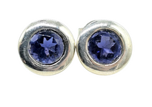 Load image into Gallery viewer, Iolite Studs, Water Sapphire, Round Faceted, Sterling Silver, Blue Violet Gemstone, Connects to Angels, Viking&#39;s Compass - GemzAustralia 