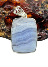 Load image into Gallery viewer, Blue Lace Agate Pendant, Rectangle Shape, Sterling Silver, Communication Stone, Confidence, Gemini &amp; Pisces Zodiac
