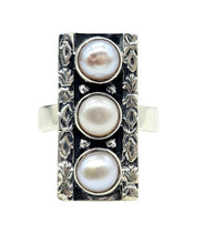 Load image into Gallery viewer, Rectangle Freshwater Pearl Ring, Size 7, Sterling Silver, June Birthstone, Truth Stone, Oxidized