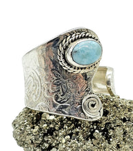 Load image into Gallery viewer, Floral engraved Larimar Ring, Adjustable, Sterling Silver, Stone of Atlantis, Dolphin Stone, Water &amp; Fire Stone