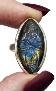 Spectrolite Labradorite Ring, Size O, Sterling Silver, Carved Artisan Design, Marquise Shaped, Magical Stone - GemzAustralia 