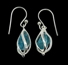 Load image into Gallery viewer, Raw Neon Blue Apatite Cage Earrings, Sterling Silver, Electric Blue Gemstone, Inspirational Stone
