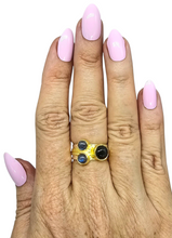 Load image into Gallery viewer, Three Stone Labradorite Ring, Size P 1/2, Blue Labradorite, Magic Stone, Protection Stone, Two Tone Ring, Wide Band - GemzAustralia 