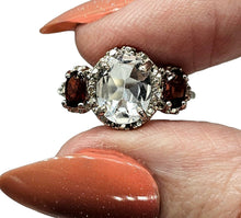 Load image into Gallery viewer, Aquamarine &amp; Garnet Three Stone Ring, Size 6 1/4, Sterling Silver, Vintage Inspired, March and January Birthstones