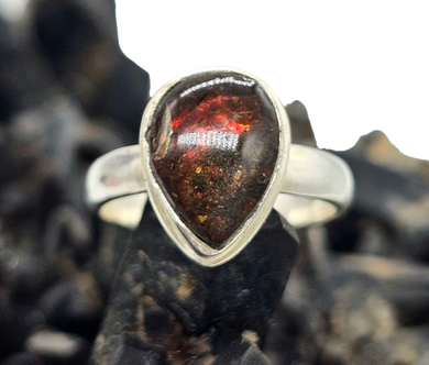 Red Ammolite Ring, Size 6 3/4, Sterling Silver, Pear Shaped, Opal like Gemstone, Fossilized Shell of Ammonite