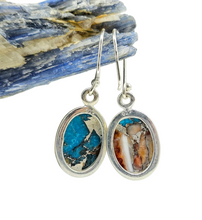 Load image into Gallery viewer, Oyster Turquoise Earrings, Oval Shaped, Sterling Silver, Orange Spiny Oyster Shell, Blue Turquoise, Copper Earrings, Hope &amp; Courage Stone - GemzAustralia 