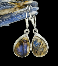 Load image into Gallery viewer, Blue Labradorite Earrings, Sterling Silver, Pear Shaped, Mystical Magical Gemstone, Companion through Change - GemzAustralia 