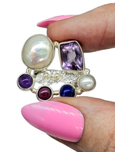 Load image into Gallery viewer, Handcrafted Statement Amethyst, Pearl, Garnet, Lapis Lazuli Ring, Size 7.5, Sterling Silver