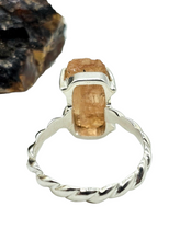 Load image into Gallery viewer, Rough Imperial Topaz Ring, Size 8, Sterling Silver, Raw Gemstone, Twisted Band, Rectangle Design, Manifestation Stone, Solar Plexus Chakra