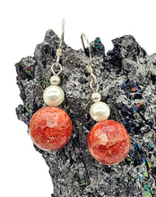 Load image into Gallery viewer, Sponge Coral &amp; Freshwater Pearl Earrings, Sterling Silver, Orange Red Coral, Love and Prosperity