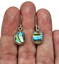 Load image into Gallery viewer, Paua Shell Earrings, Sterling Silver, Abalone Shell, Dangly Oval Drops, Prosperity, Peace, Good Luck &amp; Strength, New Zealand Paua Shell