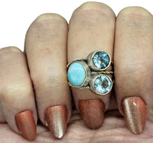 Load image into Gallery viewer, Larimar &amp; Blue Topaz Ring, Size 7.25, Three Stone Ring, Dolphin Stone, Atlantis Stone, December Birthstone, Sterling Silver