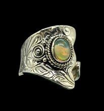 Load image into Gallery viewer, Ethiopian Opal Ring, Size 6 Adjustable, Sterling Silver, October Birthstone, Aura Stone, Psychic Gemstone, Oxidized engraving, Bohemian