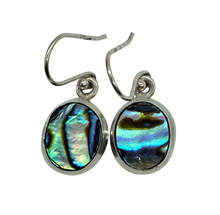 Load image into Gallery viewer, Paua Shell Earrings, Sterling Silver, Abalone Shell, Dangly Oval Drops, Prosperity, Peace, Good Luck &amp; Strength, New Zealand Paua Shell