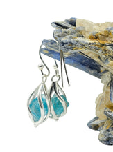 Load image into Gallery viewer, Raw Neon Blue Apatite Cage Earrings, Sterling Silver, Electric Blue Gemstone, Inspirational Stone
