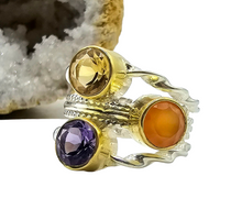 Load image into Gallery viewer, Three Stone Ring, Size 7, A Fusion of Amethyst, Citrine &amp; Carnelian, Two Tone, Gold Plated Sterling Silver - GemzAustralia 