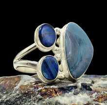 Load image into Gallery viewer, Three Stone, Australian Opal Ring, Size 6.75, Sterling Silver, Aura Gem, Psychic Gem, October Birthstone, Opal Doublets