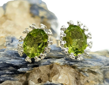 Load image into Gallery viewer, 4 Carat Peridot Stud Earrings, Sterling Silver, Oval faceted Halos, August Birthstone, Protection Gemstone, Visionary Crystal - GemzAustralia 