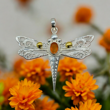 Load image into Gallery viewer, Dragonfly Pendant, Carnelian Gemstone, Sterling Silver, Meaning of Life Symbolism, Transformation, Artist's Stone, Two Tone