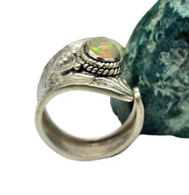 Load image into Gallery viewer, Ethiopian Opal Ring, Size 6 Adjustable, Sterling Silver, October Birthstone, Aura Stone, Psychic Gemstone, Oxidized engraving, Bohemian