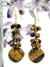 Load image into Gallery viewer, Tiger&#39;s Eye Earrings, Gold Plated Sterling Silver, Checkerboard Faceted, Beaded drops, Genuine Gemstones, Creativity Stone