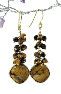 Tiger's Eye Earrings, Gold Plated Sterling Silver, Checkerboard Faceted, Beaded drops, Genuine Gemstones, Creativity Stone
