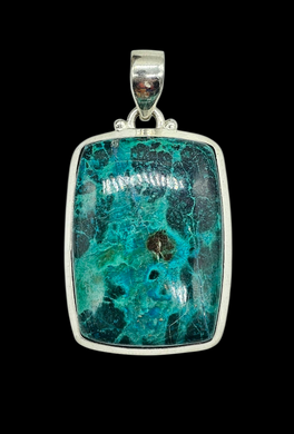 Chrysocolla Pendant, Rectangle Shaped, Sterling Silver, Turquoise Green Blue Gem, Communication Stone, Serenity Stone