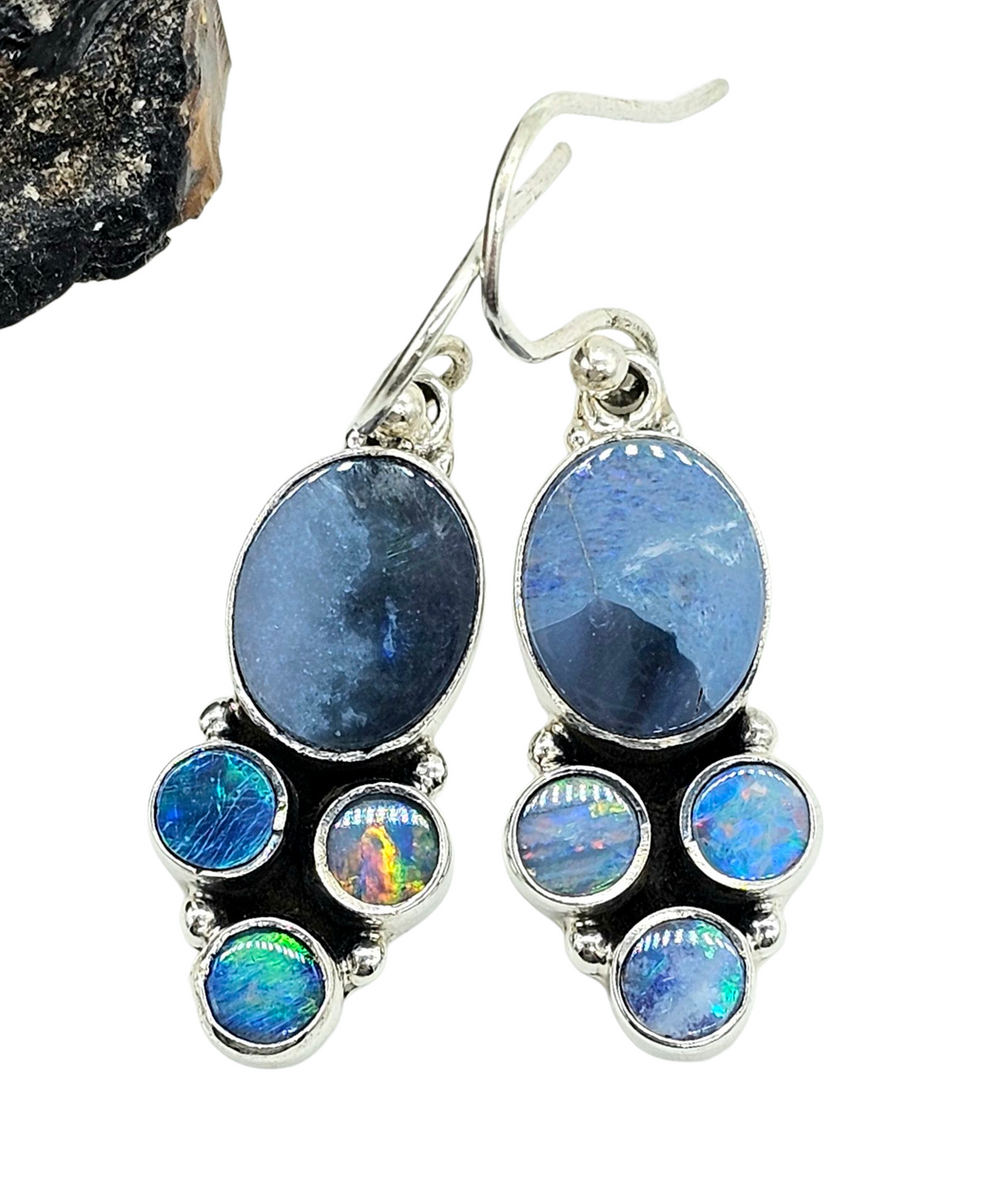 Opal Dangly Earrings, October Birthstone, Sterling Silver, Australian Opal Doublets, Love & Passion Stone, Four Stone Drops, Genuine Gems