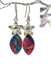 Load image into Gallery viewer, Pink Opal &amp; Oyster Turquoise Flower Earrings, Sterling Silver, Marquise Shaped, Love Stone, Copper Turquoise