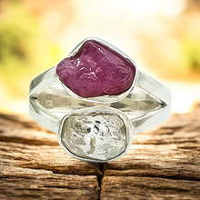 Load image into Gallery viewer, Raw Ruby &amp; Herkimer Diamond Ring, Size P 1/2, Sterling Silver, July and April Birthstones, Energy Stone