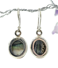 Load image into Gallery viewer, Paua Shell Earrings, Sterling Silver, Abalone Shell, Dangly Oval Drops, Prosperity, Peace, Good Luck &amp; Strength, New Zealand Paua Shell