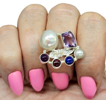 Load image into Gallery viewer, Handcrafted Statement Amethyst, Pearl, Garnet, Lapis Lazuli Ring, Size 7.5, Sterling Silver