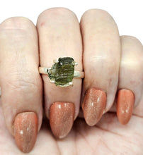 Load image into Gallery viewer, Raw Moldavite Ring, Size 7, Sterling Silver, Meteorite Stone, Forest green / Olive green Gem, Holy Grail Stone