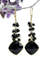Load image into Gallery viewer, Genuine Black Onyx Earrings, Gold Plated Sterling Silver, Checkerboard Faceted, Beaded drops, Support Stone - GemzAustralia 