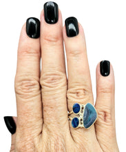 Load image into Gallery viewer, Three Stone, Australian Opal Ring, Size 6.75, Sterling Silver, Aura Gem, Psychic Gem, October Birthstone, Opal Doublets