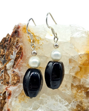 Load image into Gallery viewer, Black Onyx &amp; Pearl Earrings, Sterling Silver, Strength Stone, Provides Support, Grounding Stone, Wisdom Stone - GemzAustralia 