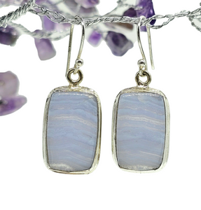 Blue Lace Agate Earrings, Rectangle Shape, Sterling Silver, Communication Stone, Confidence Stone, Gemini & Pisces Zodiac Gem - GemzAustralia 