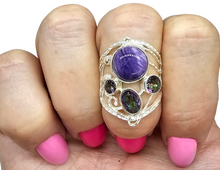 Load image into Gallery viewer, Charoite &amp; Mystic Topaz Ring, Size 7, Sterling Silver, Statement Piece, Four Stone Ring, Wearable Art