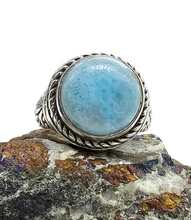 Load image into Gallery viewer, Vintage style Larimar Ring, Size 7.5, Sterling Silver, Round Shaped, Stone of Atlantis, Dolphin Stone, Water &amp; Fire Stone - GemzAustralia 