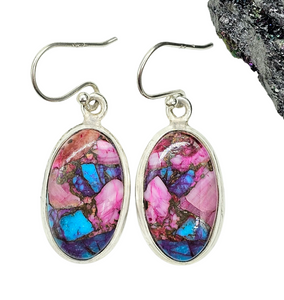 Oval Shaped, Oyster Turquoise & Pink Opal Earrings, Sterling Silver, Hot Pink Gemstone, Spiny Oyster Shell, Courage Stone - GemzAustralia 