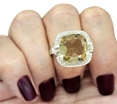 Halo Lemon Quartz & Zircon Ring, Size 11, Cushion Square Facet, 8.5 carats, Sterling Silver, Mental Clarity, Confidence Gem