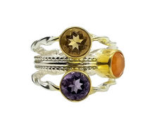 Load image into Gallery viewer, Three Stone Ring, Size 7, A Fusion of Amethyst, Citrine &amp; Carnelian, Two Tone, Gold Plated Sterling Silver - GemzAustralia 